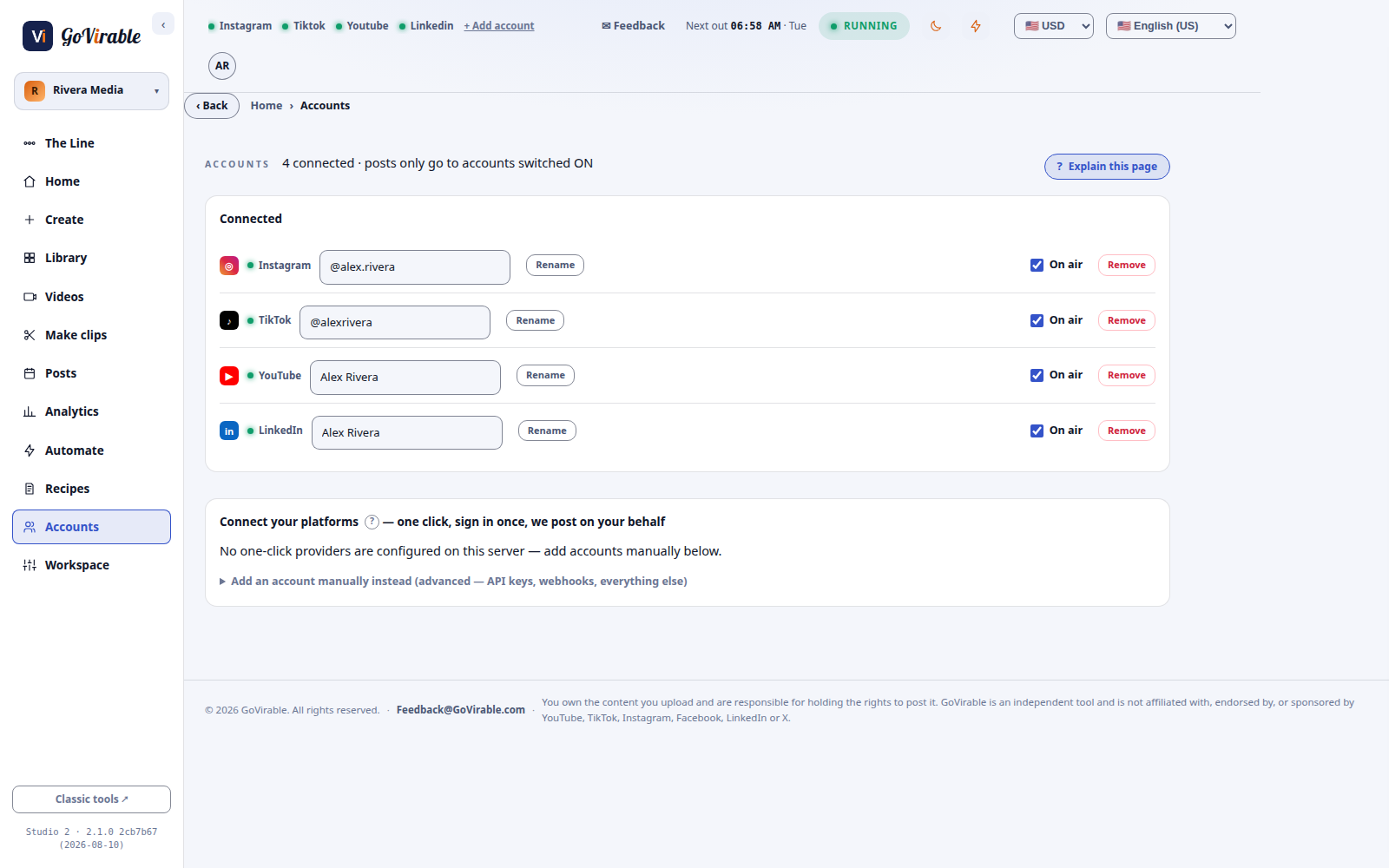 GoVirable workspaces, team roles and connected accounts